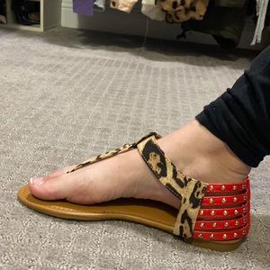 Red and leopard print studded sandals